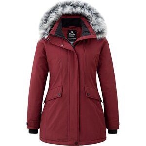 Women's Red Down Puffer Hooded Coat Jacket Faux Fur Winter Warm Long Pike